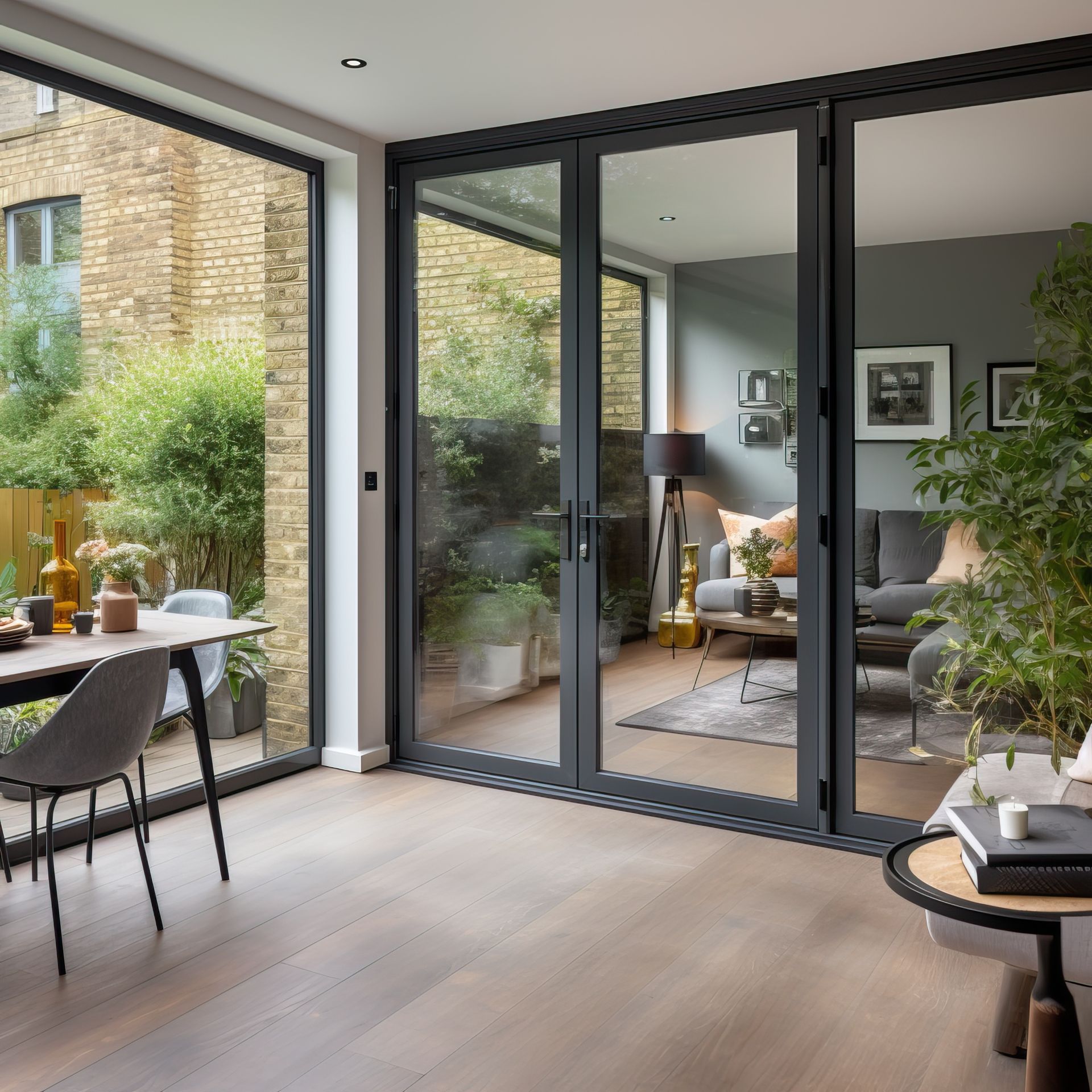 a living room with a table and chairs and a couch