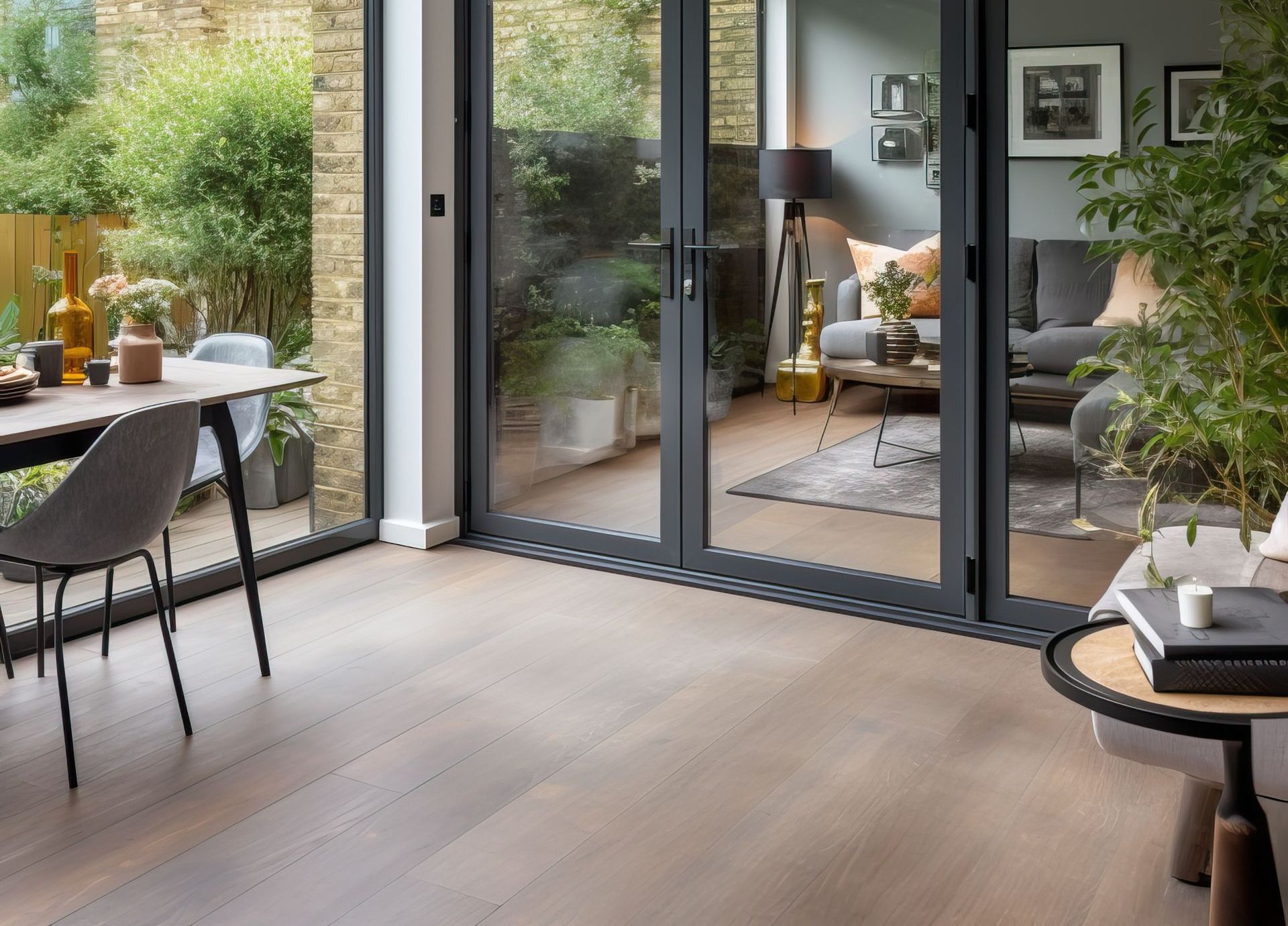 A living room with a table , chairs , and sliding glass doors leading to a patio.