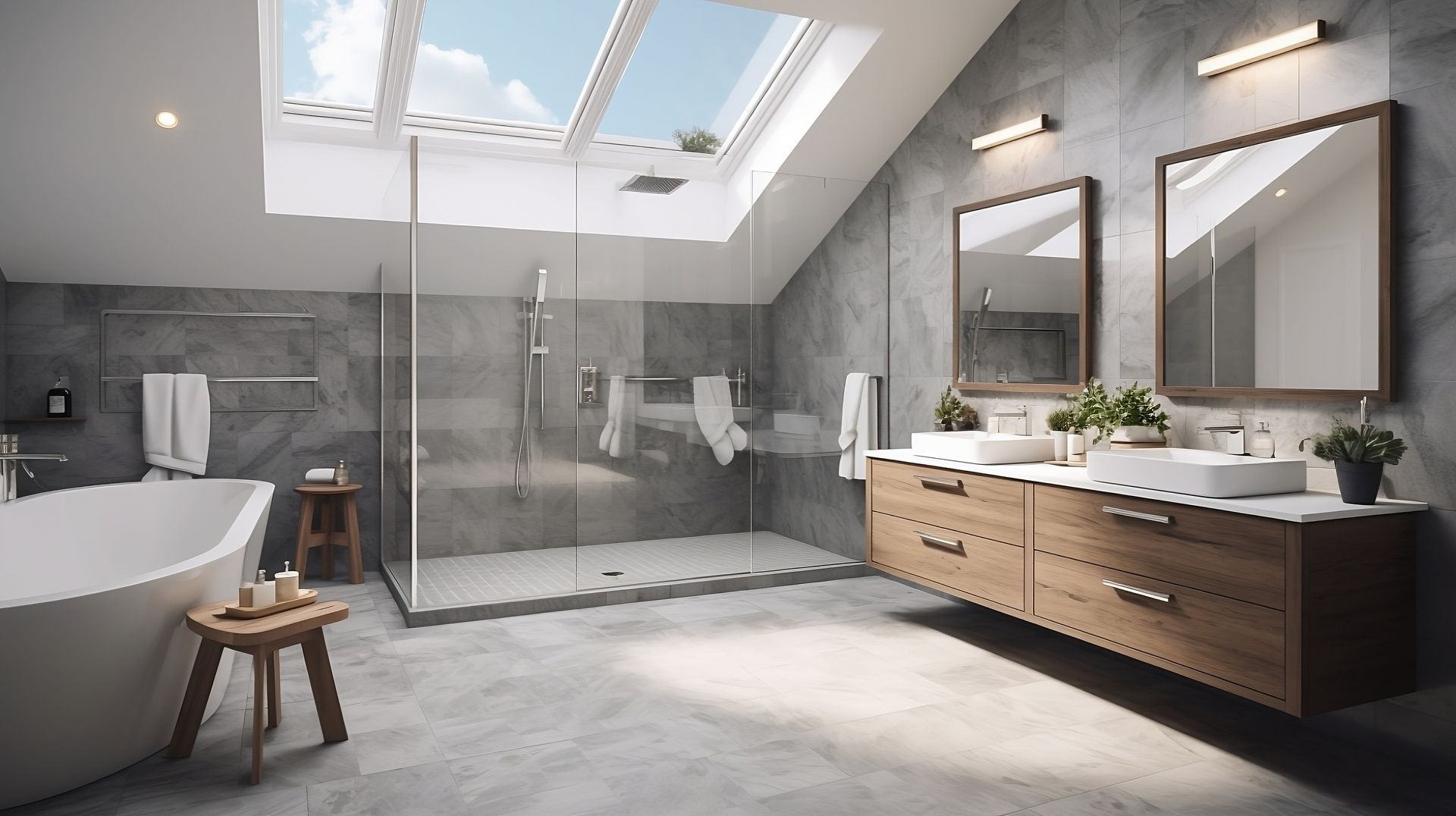 A bathroom with two sinks , a bathtub , and a skylight.