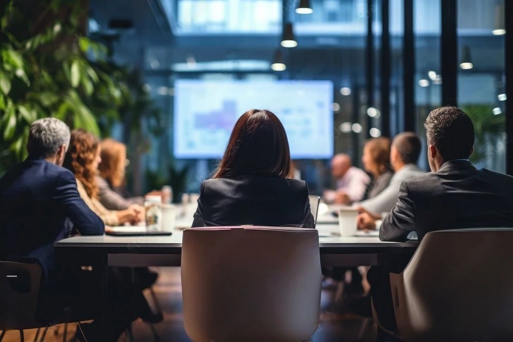 A group of people are sitting at a table in a conference room.