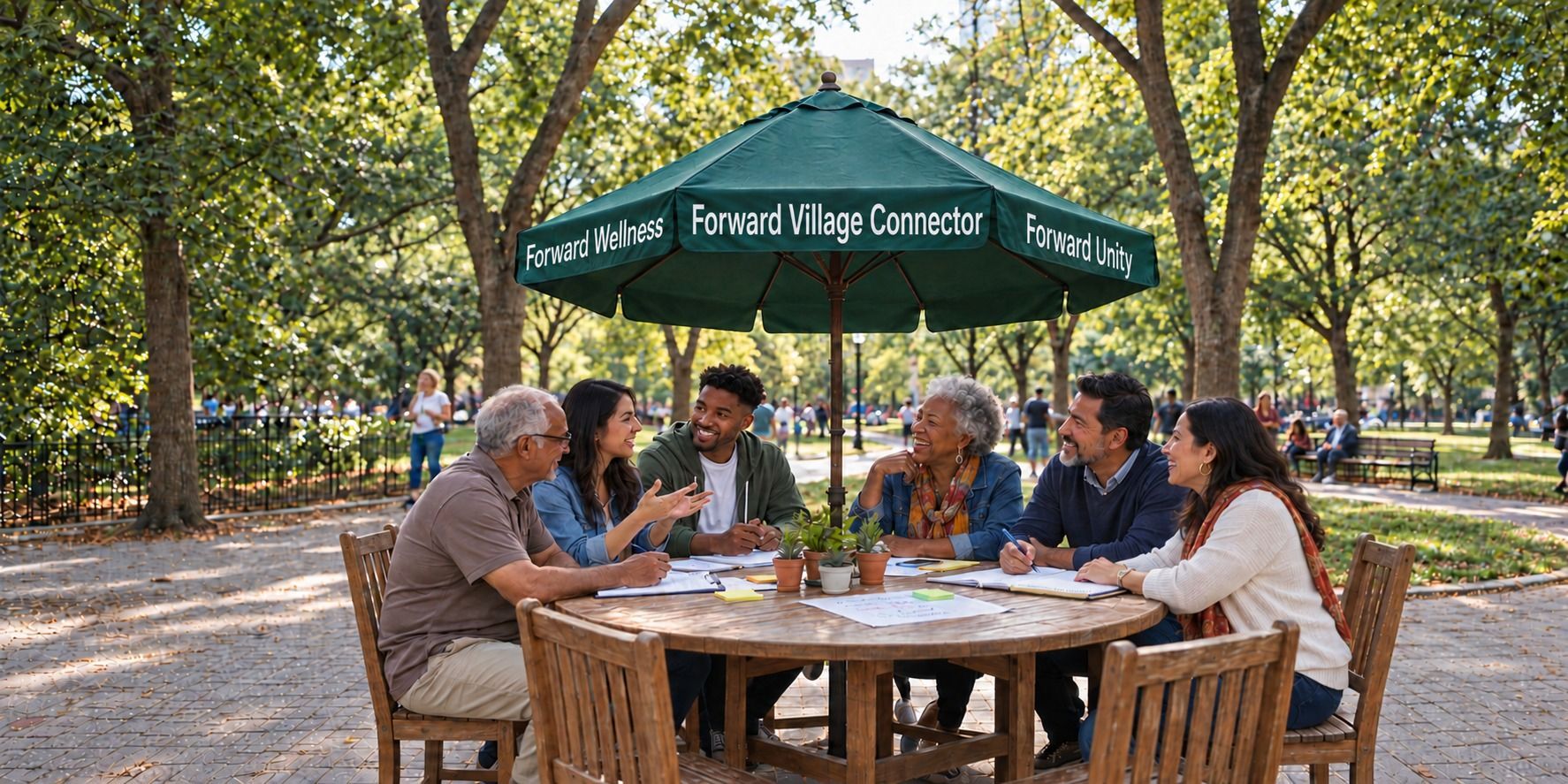 Participants from different generations collaborating beneath a green umbrella in a park.