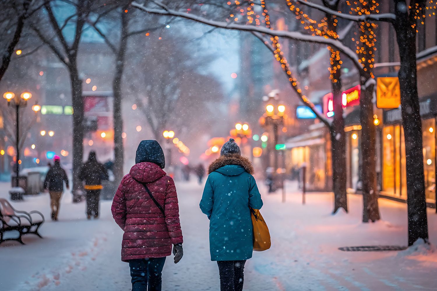 Two women are walking down a snowy city street.