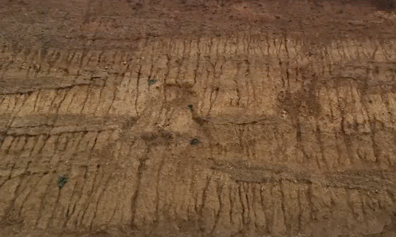 Eroded soil layers with vertical lines of water runoff, showing brown and tan colors.