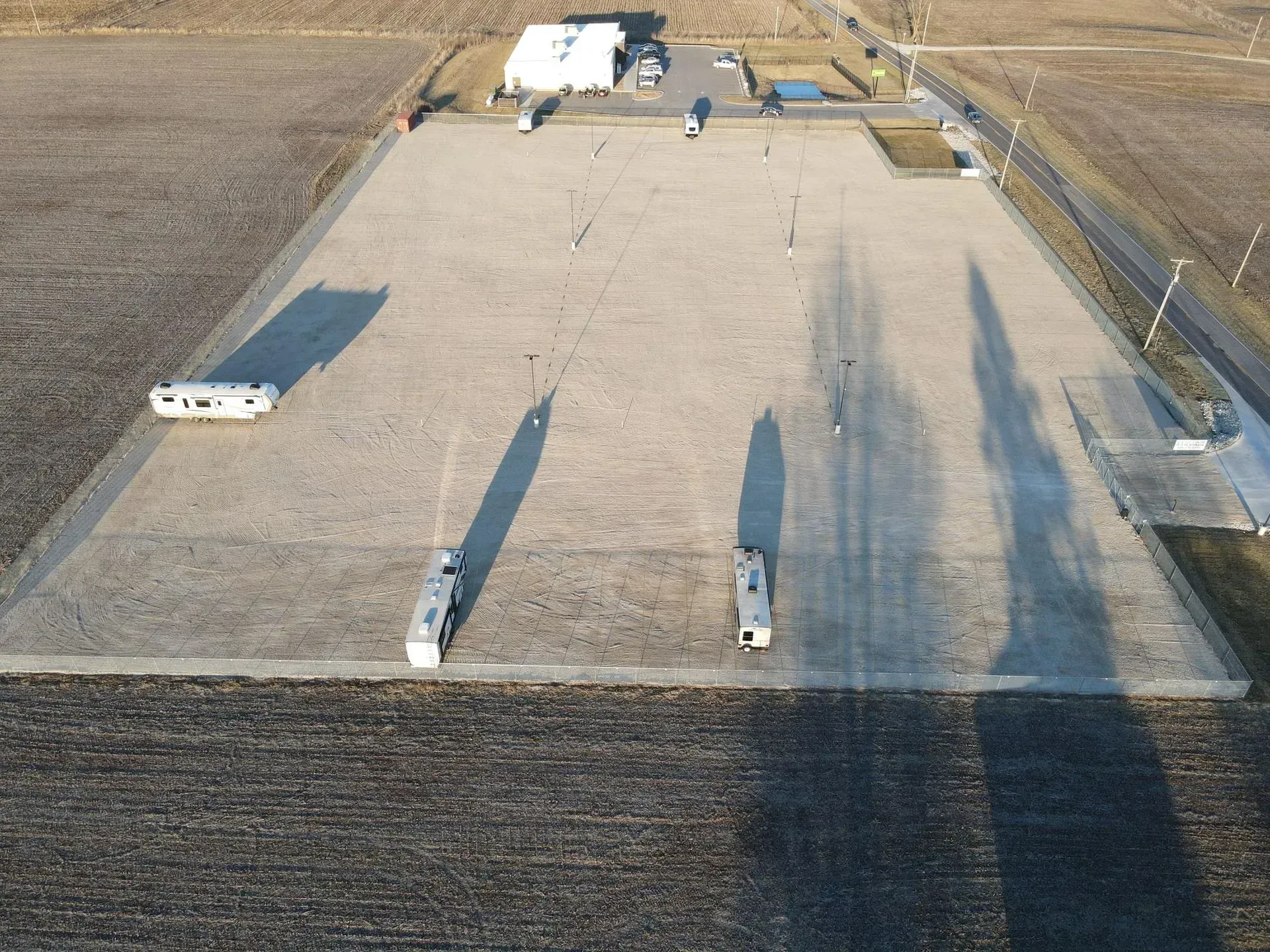 Overhead drone perspective of the RV storage lot.
