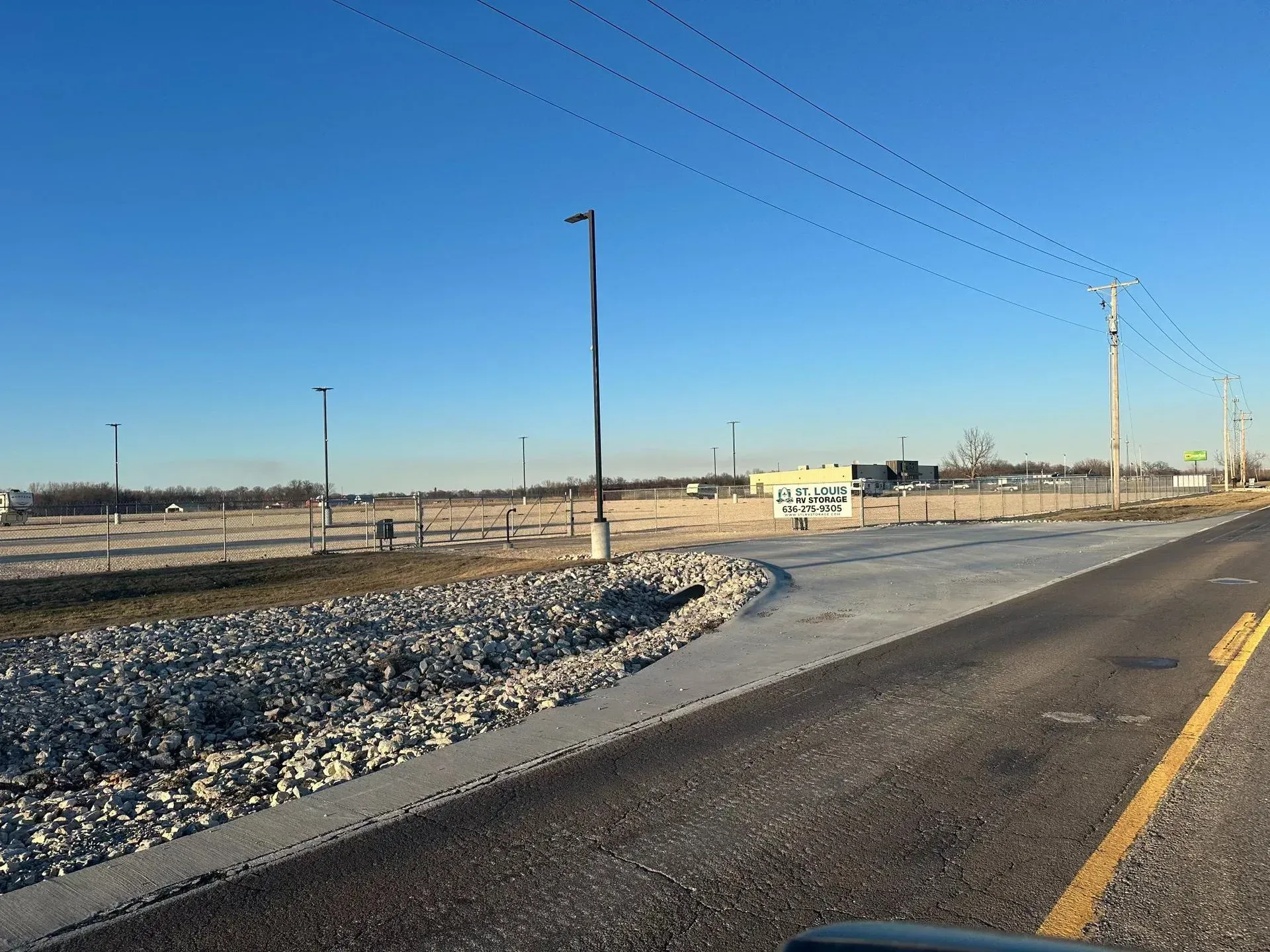 Roadside view of the St. Louis RV storage facility entrance.
