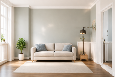 Minimalist living room with beige sofa, potted plant, floor lamp, and large rug in soft neutral tones