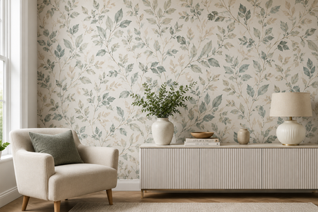 Minimalist living room with beige sofa, potted plant, floor lamp, and large rug in soft neutral tones