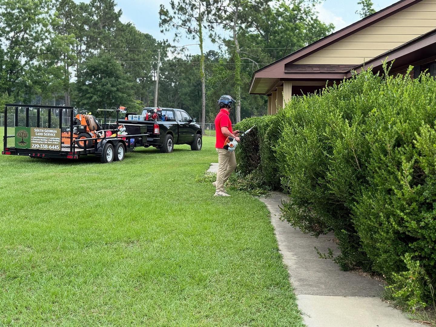 Person in red shirt near hedge by a house, with utility trailer and truck in the yard.