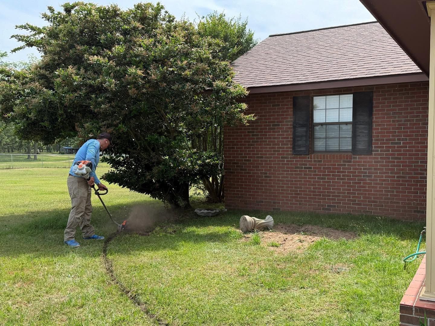 Person spraying water from a hose beside a brick house and large bush in a sunny yard