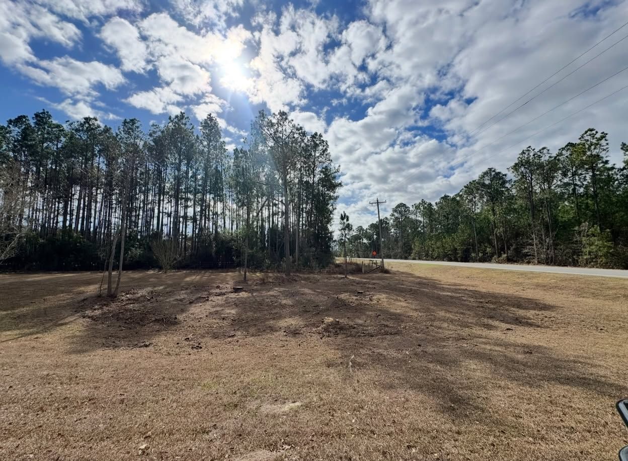Open field with dry grass, trees at the edges, and a partly cloudy sky.