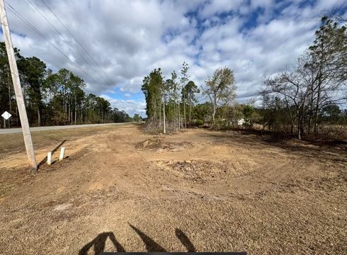 Dirt roadside clearing with trees, cloudy sky, and utility poles along the left side.