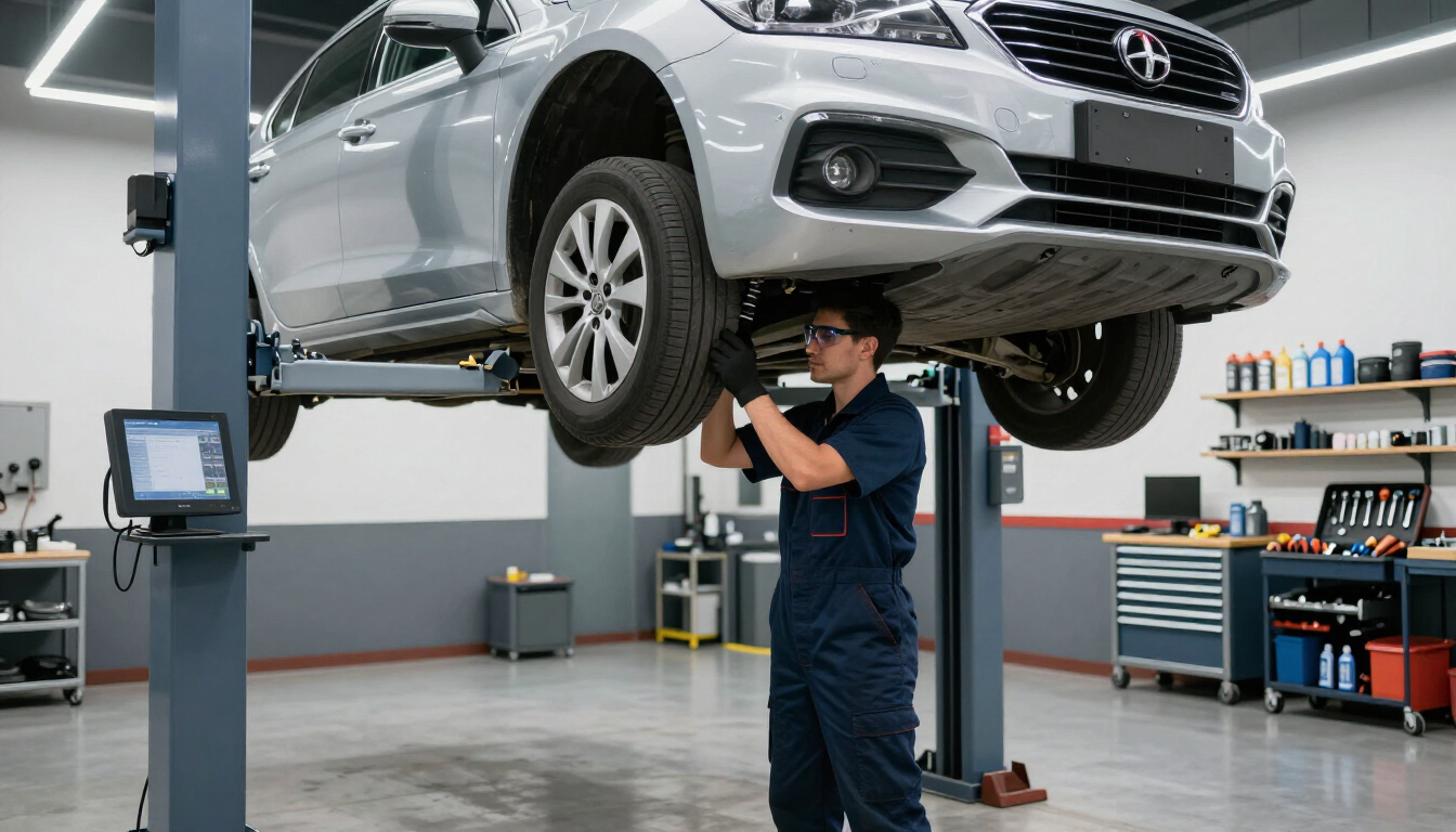 Mechanic inspecting a vehicle suspension system in a professional shop