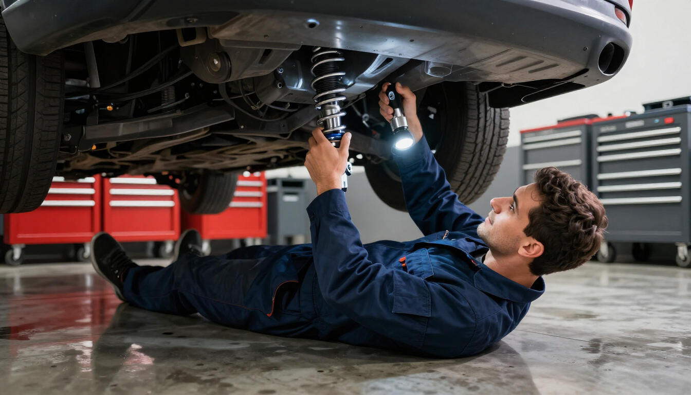 Mechanic inspecting vehicle suspension