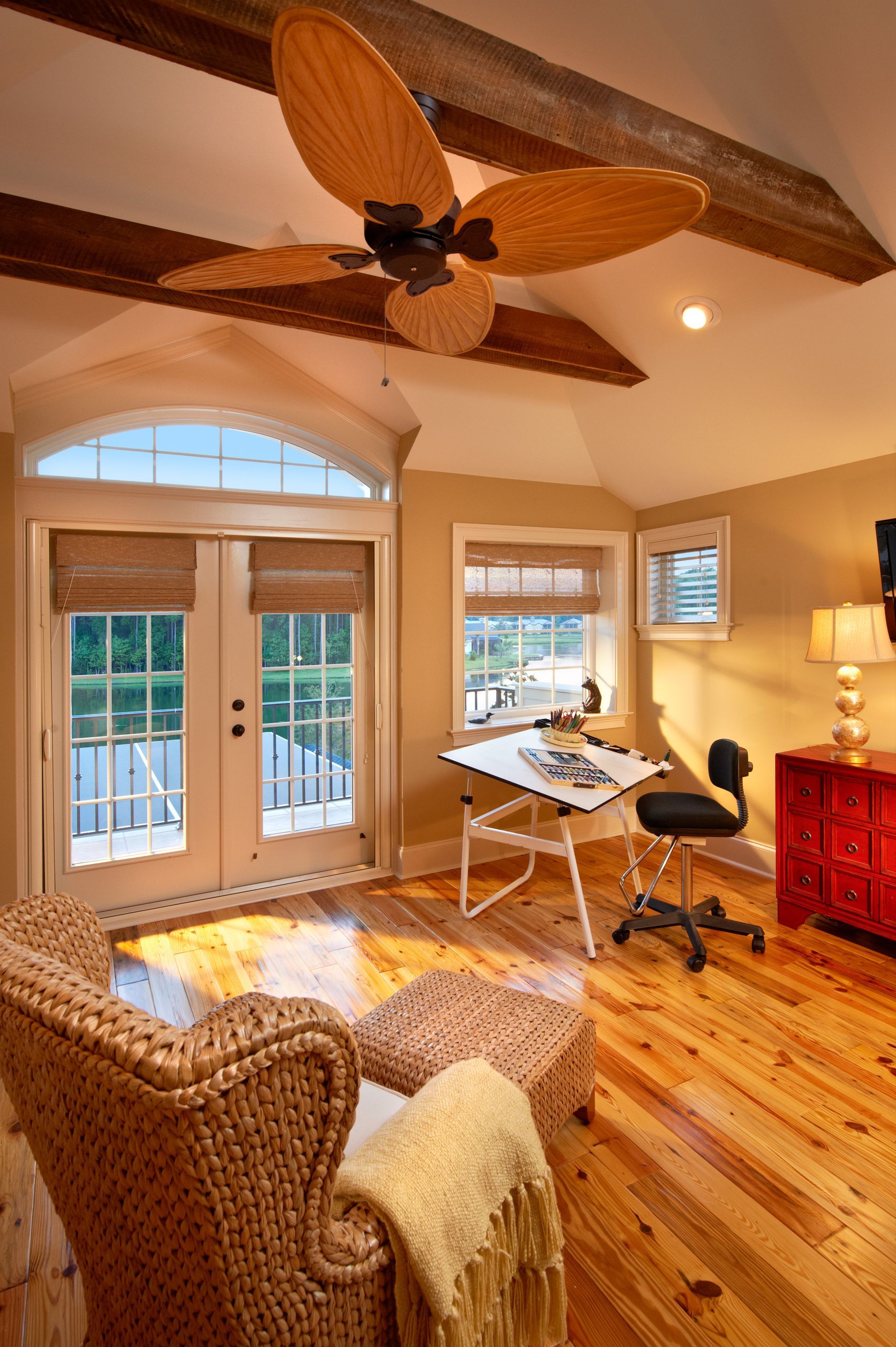 living room with heart pine flooring