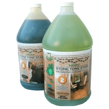 Two bottles of stone stain, one blue and one green, with beige labels.