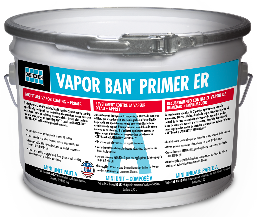 Silver paint can labeled “VAPOR BARRIER PRIMER ER” with teal and red text.