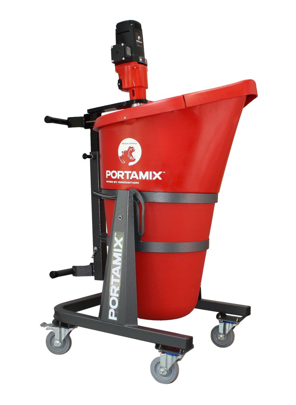 Red PORTAMIX mixing hopper on wheeled base with black motor unit