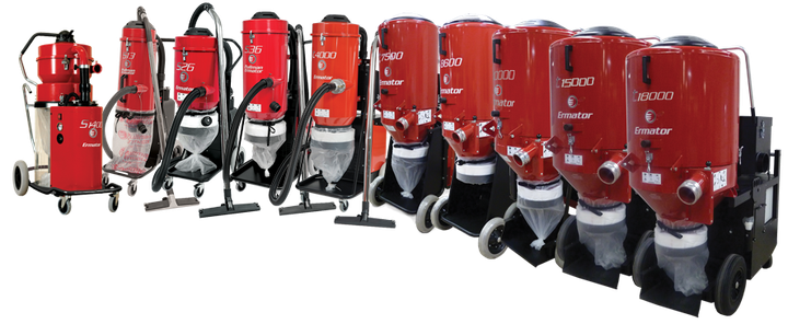 Row of red industrial vacuum cleaners on display, with hoses and wheels