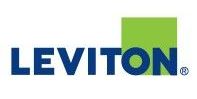 Logo Leviton : Texte bleu « LEVITON » à côté d'un carré vert, fond blanc.