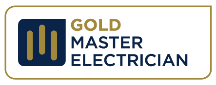 A gold master electrician logo on a white background.