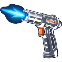 Futuristic silver ray gun with blue energy blast and orange accents, angled to the right.