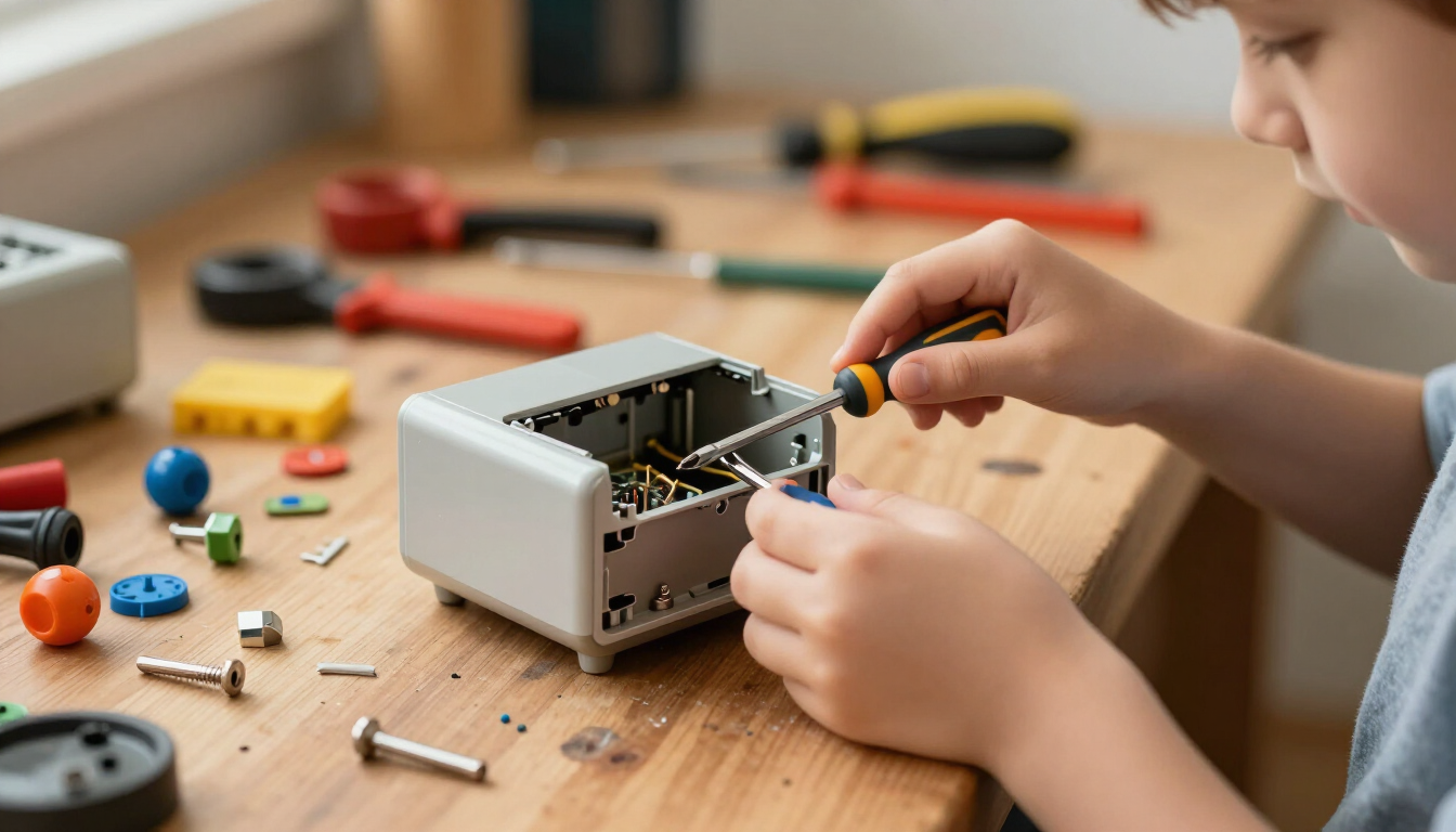 Child examining the inside of a disassembled appliance at a workshop bench