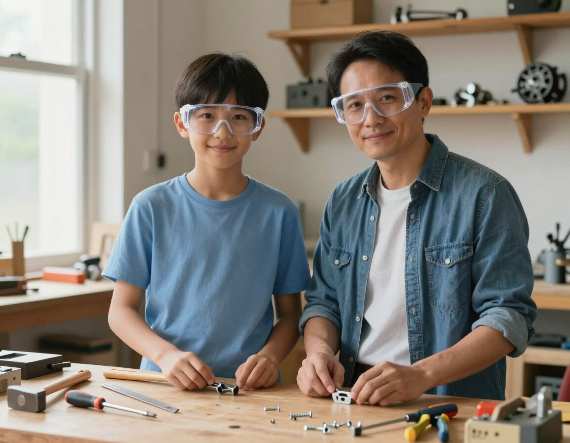 Parent and child wearing safety glasses at a workshop table