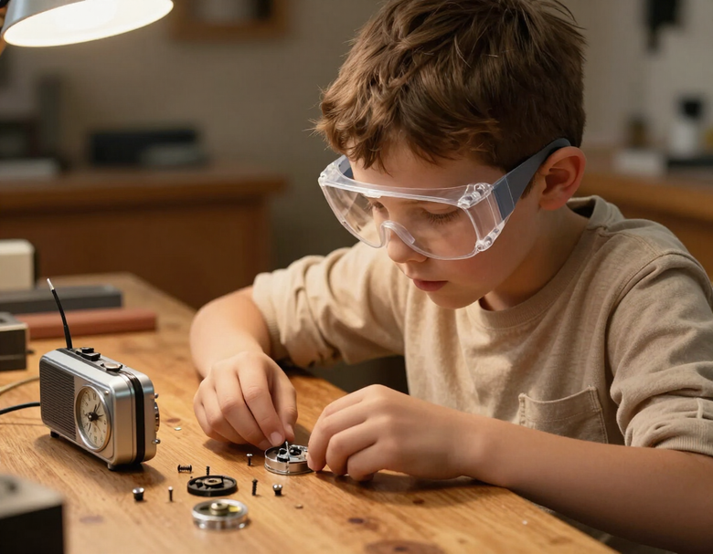Child examining disassembled appliance at a workbench wearing safety glasses