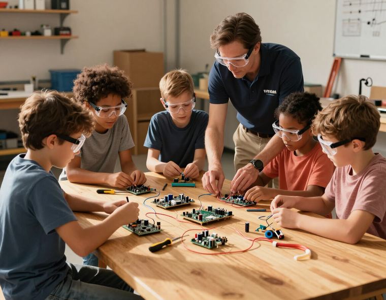Children and volunteer at workshop table