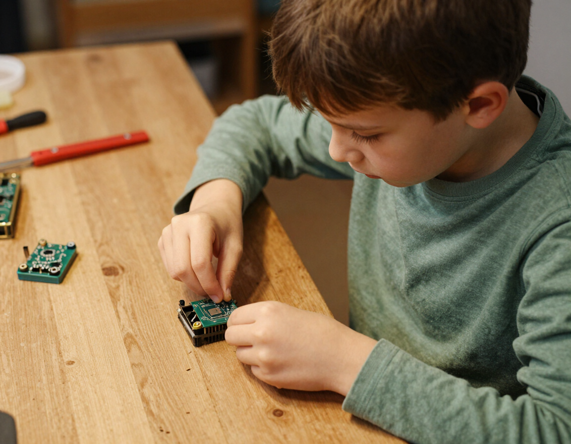 Child focused at a workshop table with a hand tool