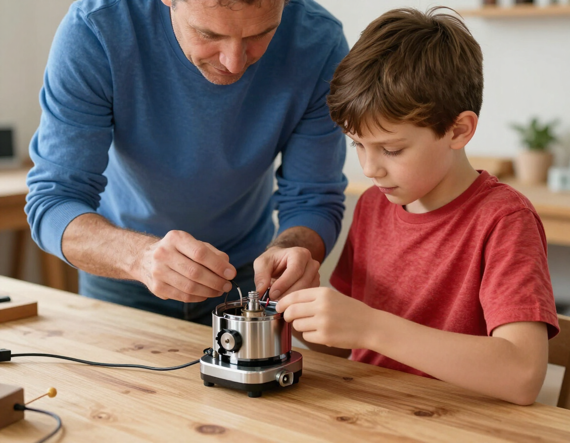 Parent and child exploring a mechanical device at a workshop table