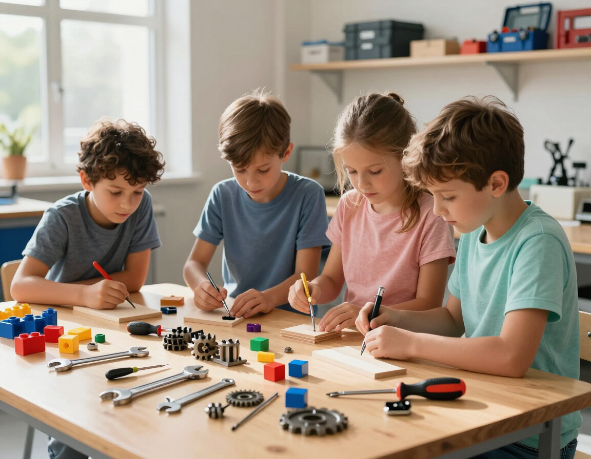 Children examining workshop tools and materials
