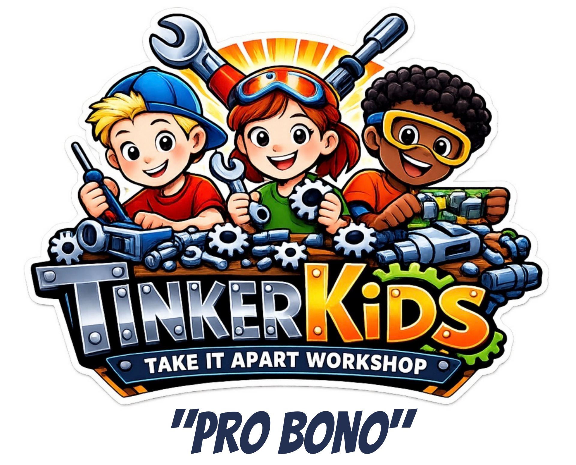 Three kids with tools and gears around the TinkerKids Take It Apart Workshop logo, labeled “Pro Bono”