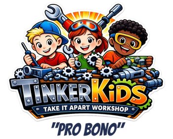 Three kids with tools and gears around the TinkerKids Take It Apart Workshop logo, labeled “Pro Bono”