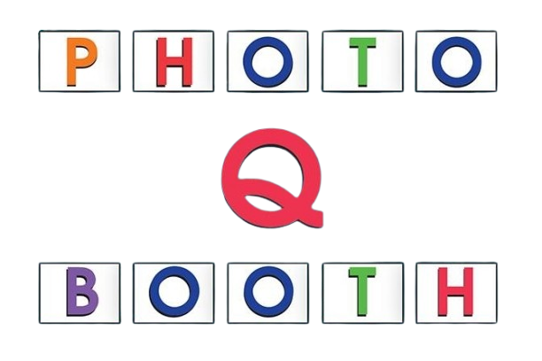 Colorful &ldquo;PHOTO&rdquo; above and &ldquo;BOOTH&rdquo; below with a red Q in the center on a white background