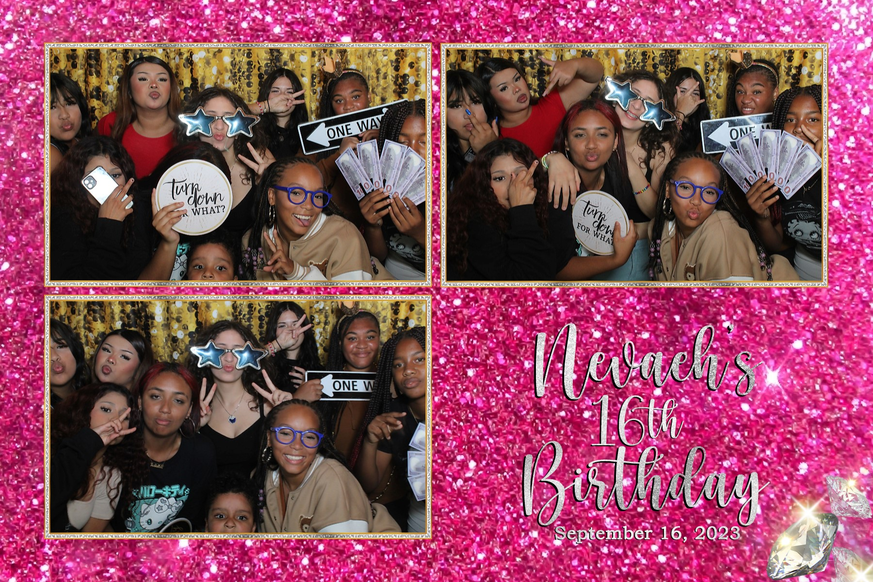 Girls posing with fans at a glittery pink birthday collage, with “Nya’s 11th Birthday” text.