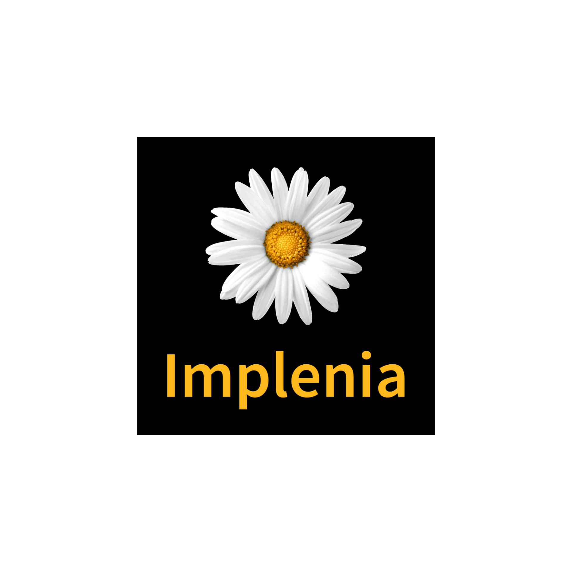 Une marguerite blanche à cœur jaune surmontant le texte orange « Implenia » sur un fond carré noir.