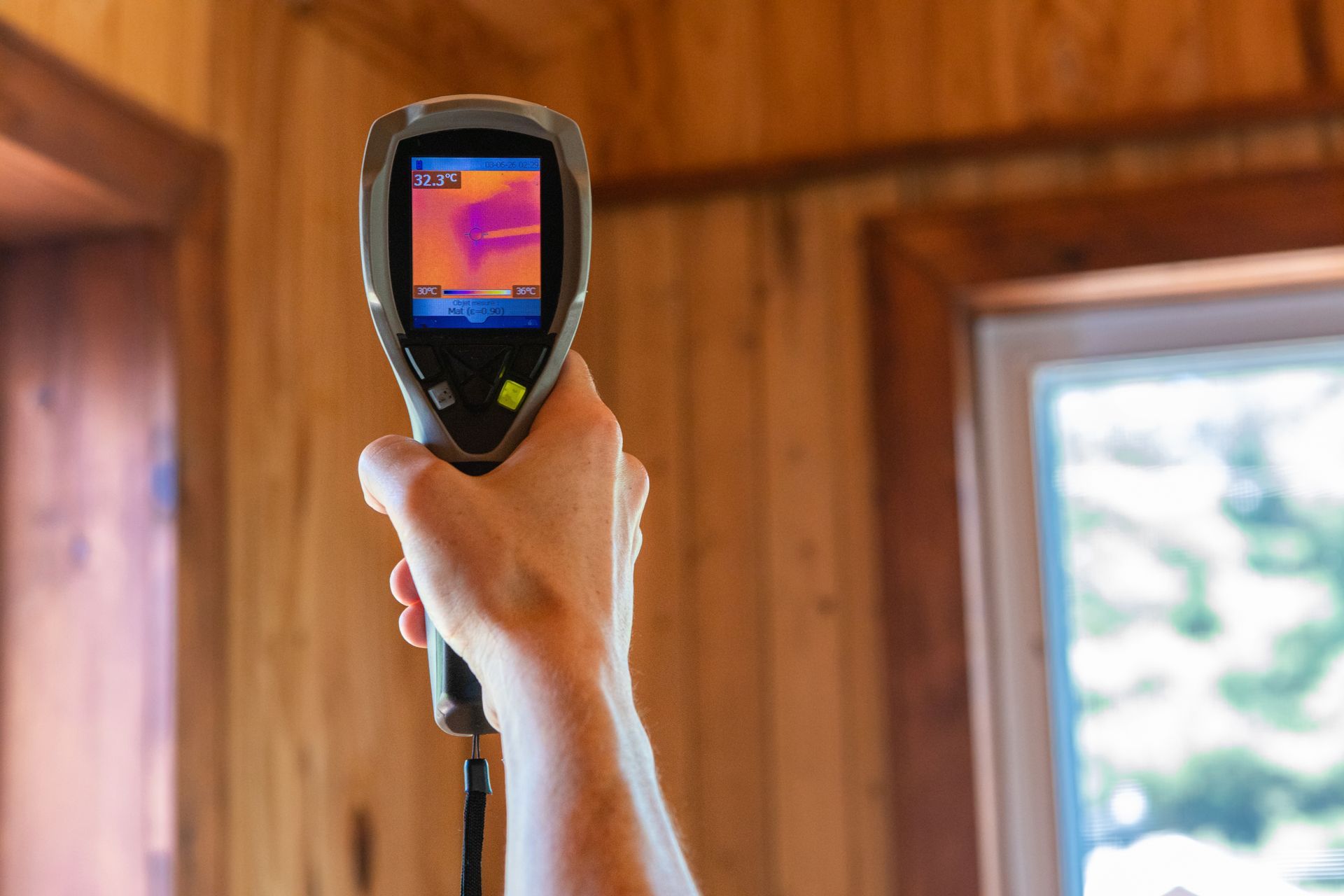 Hand holding a thermal imaging camera, displaying heat map, against a wood-paneled wall near a window.