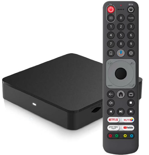 A black streaming media player device sits next to its matching remote control with dedicated app shortcut buttons.
