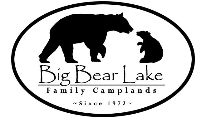Logo for Big Bear Lake Family Camplands showing a black silhouette of a bear and cub inside an oval, est. 1972.