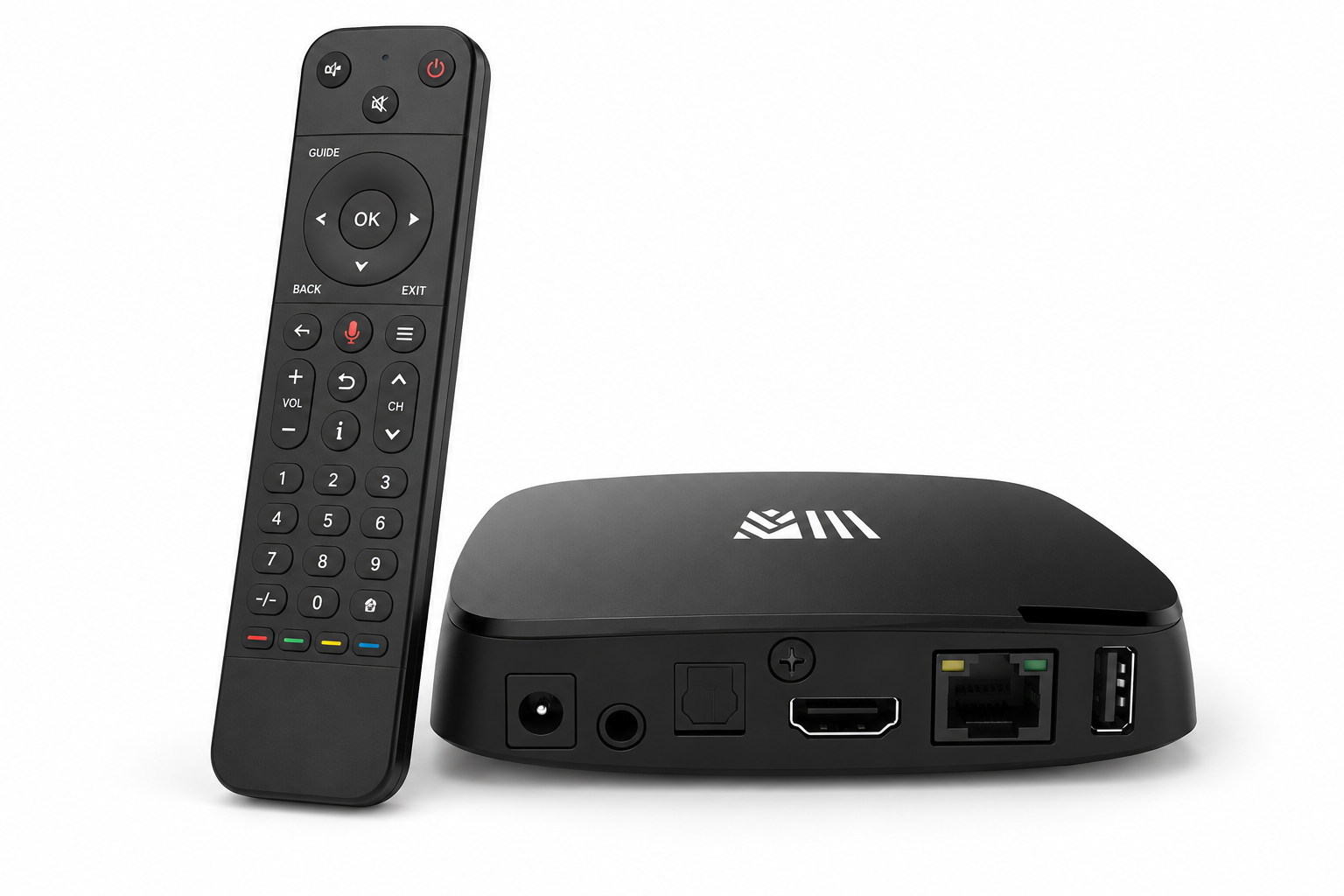 A black media streaming box and its matching remote control with dedicated streaming service buttons.