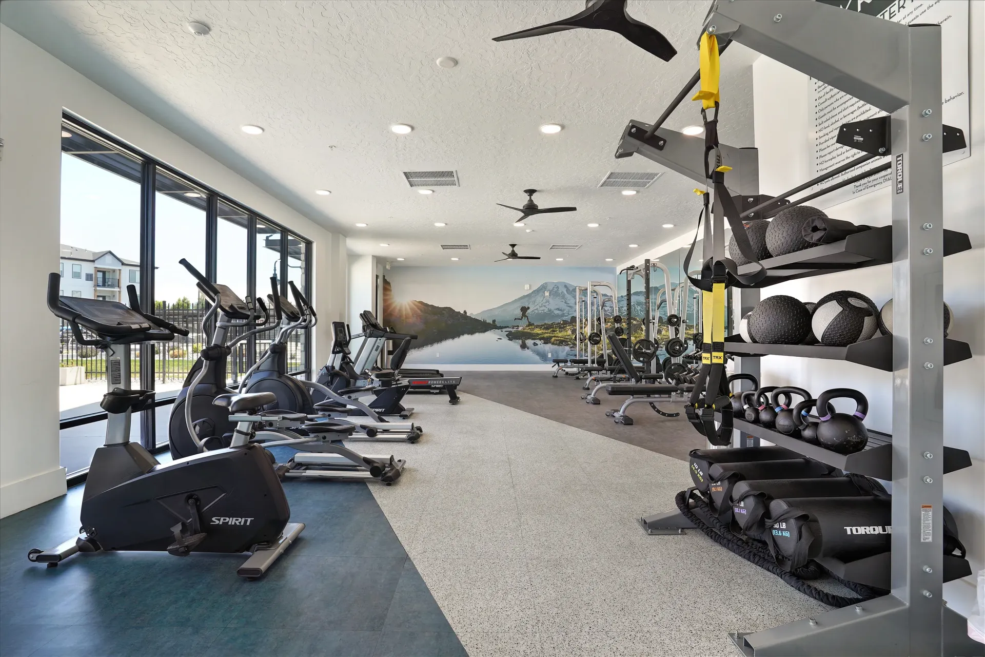 Gym with cardio machines, weight racks, and a scenic mountain mural at Aria in Syracuse, UT.