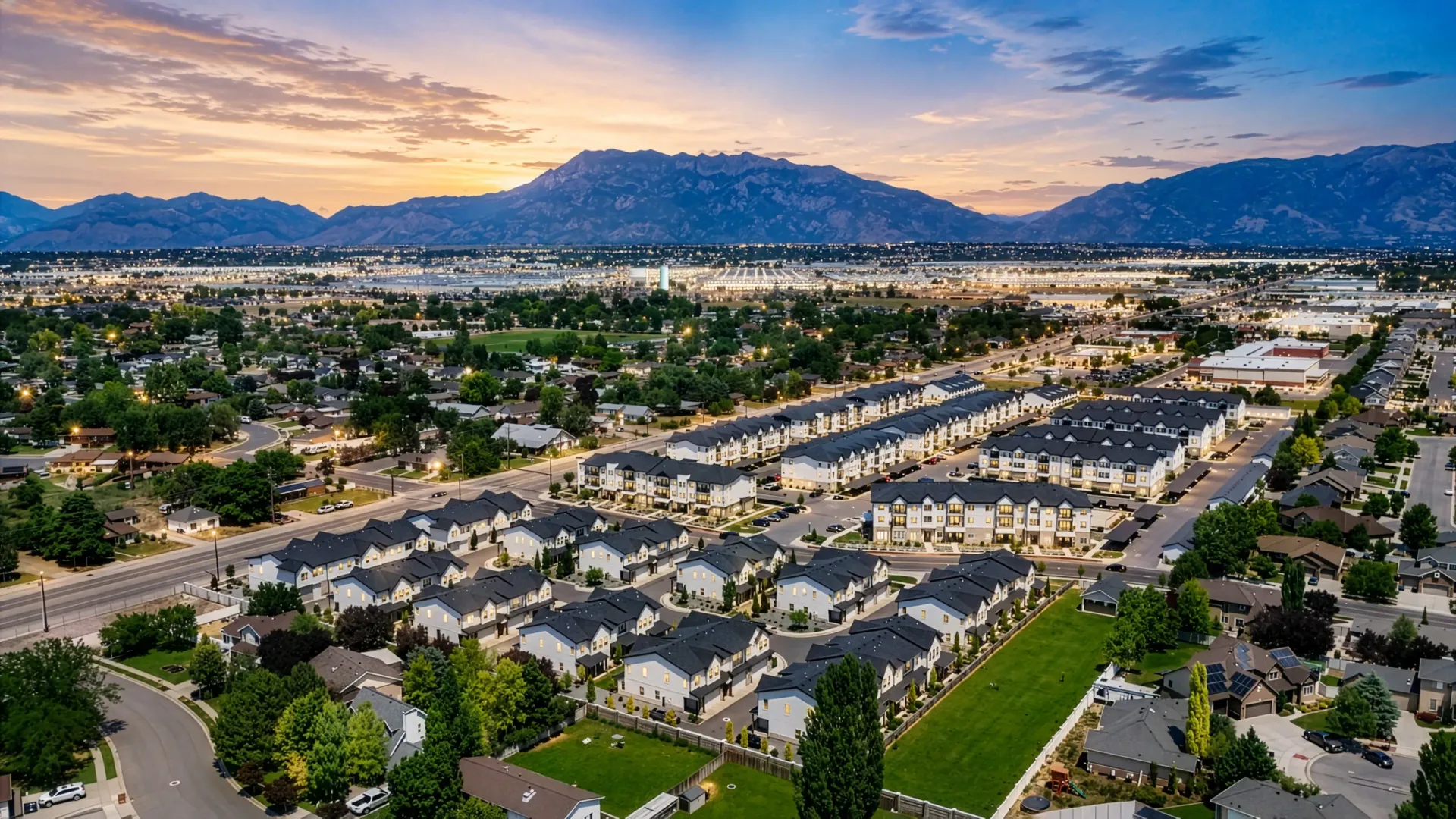 Aerial view of a modern residential community with townhomes and single-family houses, set against a backdrop of mountains at sunset at Aria in Syracuse, UT.