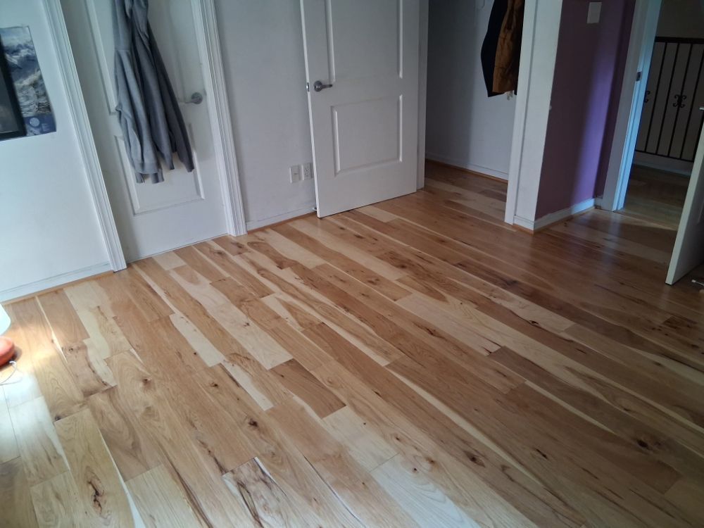 Empty room with light wood floor, white closet doors, and a doorway with purple trim