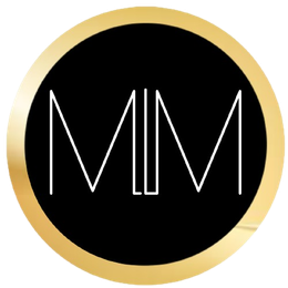 Black circular logo with thin white “MIM” letters inside a gold ring