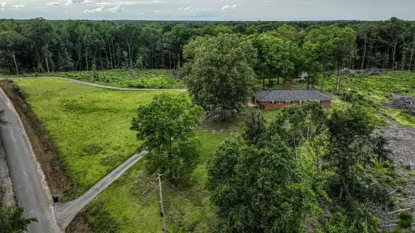 Aerial view of a green field with trees, a dirt road, and a small building near a forest edge