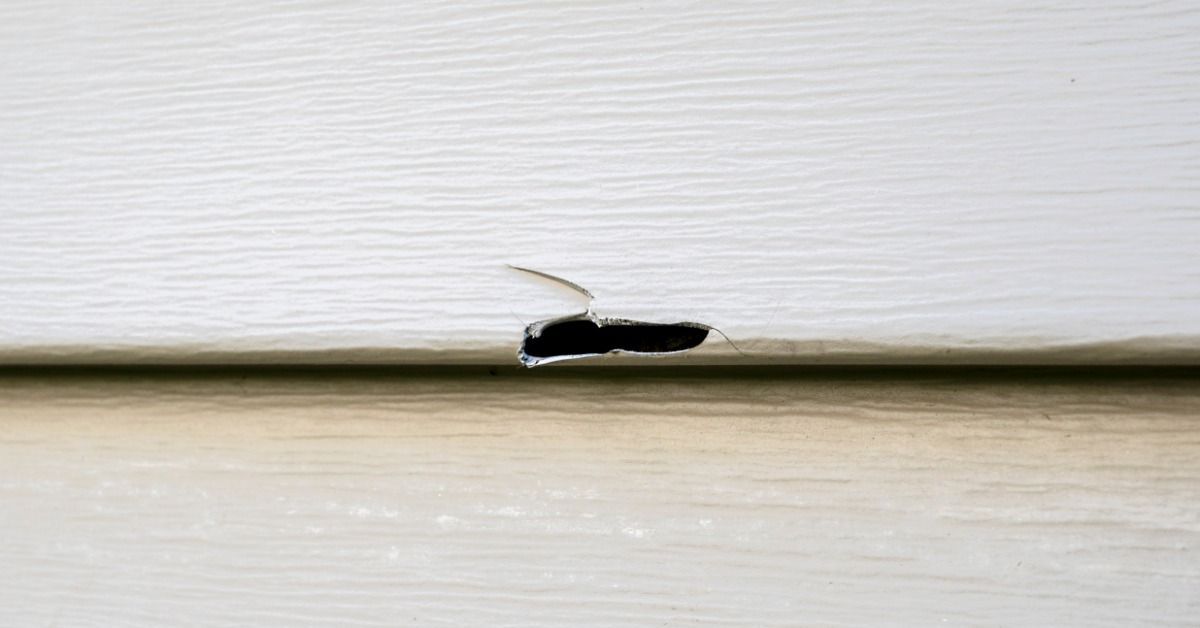 A cracked hole exposes the dark layer beneath a white vinyl siding panel along the seam of a home's