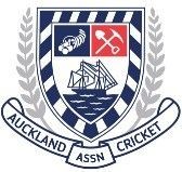 Auckland Cricket Association crest with blue-and-white shield, ship, crossed bats, and banner text