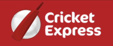 Cricket Express logo with a red cricket bat over a white ball on a red background