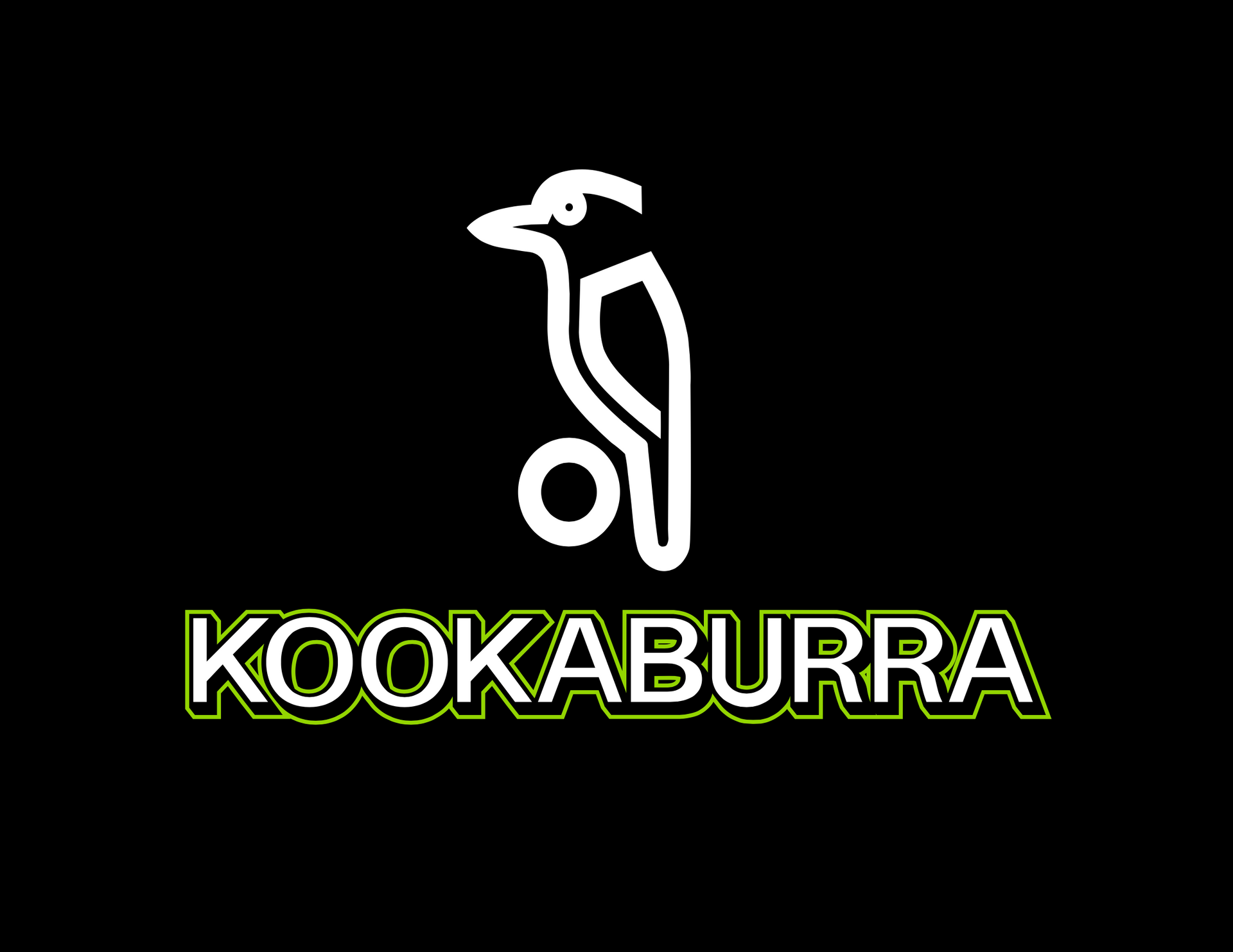 White kookaburra logo above green outlined text “KOOKABURRA” on a black background